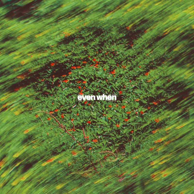 A patch of green foliage with red flowers is in focus at the center with the text 'even when', while the surrounding green grass is radially motion-blurred.